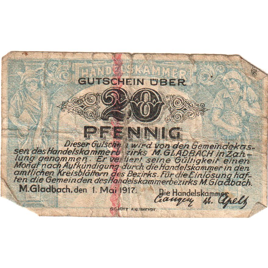 Germany, München-Gladbach Handelskammer, 20 Pfennig, 1917-05-01, VF(20-25)
