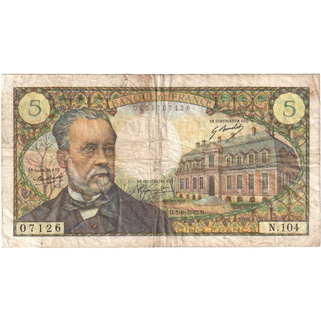 France, 5 Francs, Pasteur, 1969-06-05, N.104, VF(30-35)