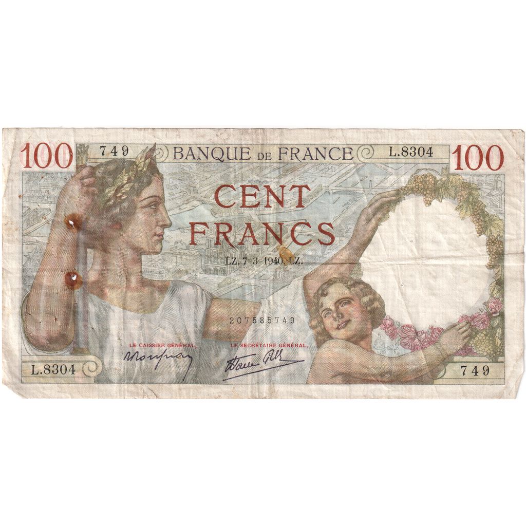 France, 100 Francs, Sully, 1940-03-07, L.8304, VF(20-25)