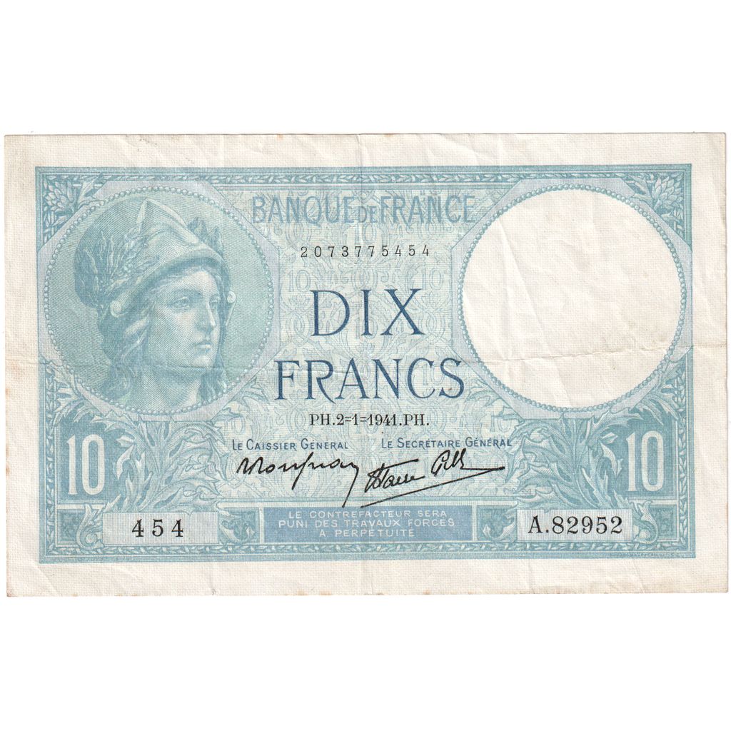France, 10 Francs, Minerve, 1941-01-02, A.82952, EF(40-45)