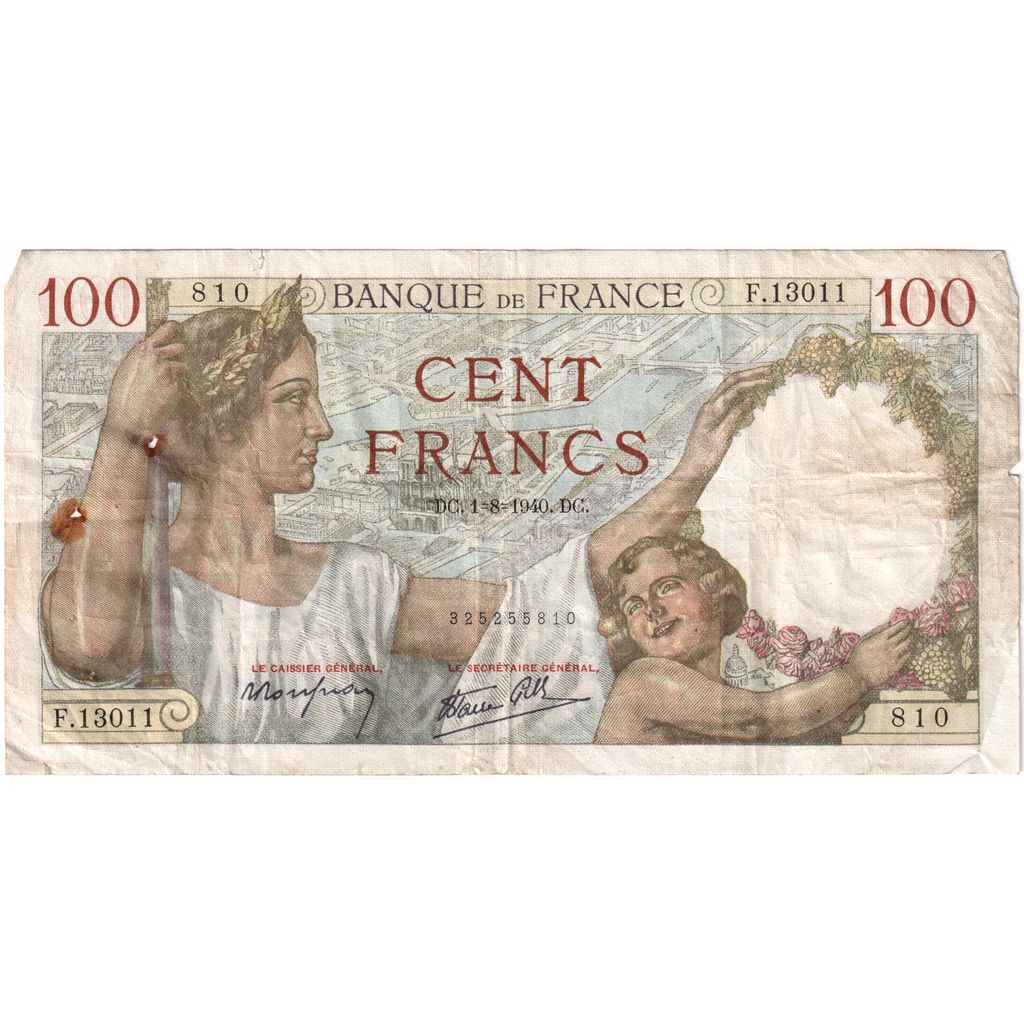 France, 100 Francs, Sully, 1940, 1940-08-01, VF(30-35), Fayette:26.34, KM:94