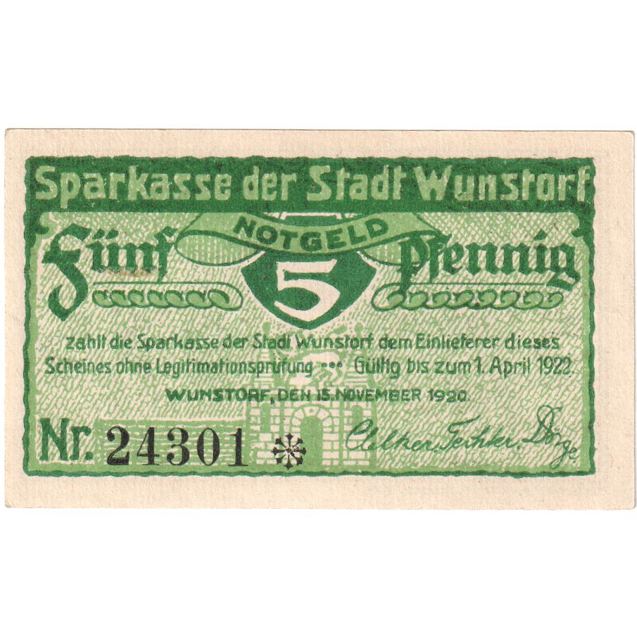 Germany, Wunstorf Stadt, 5 Pfennig, 1922-04-01, UNC(63)