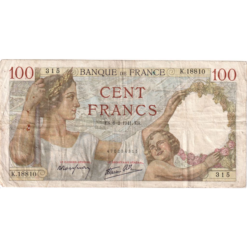 France, 100 Francs, Sully, 1941-02-06, K.18810, VF(30-35)