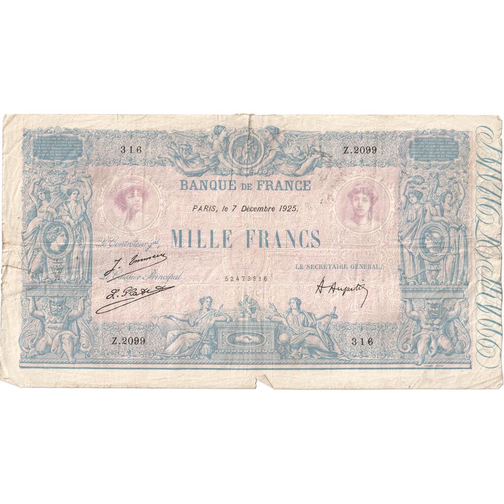 France, 1000 Francs, Bleu et Rose, 1923-07-12, Z.2099, VF(30-35)