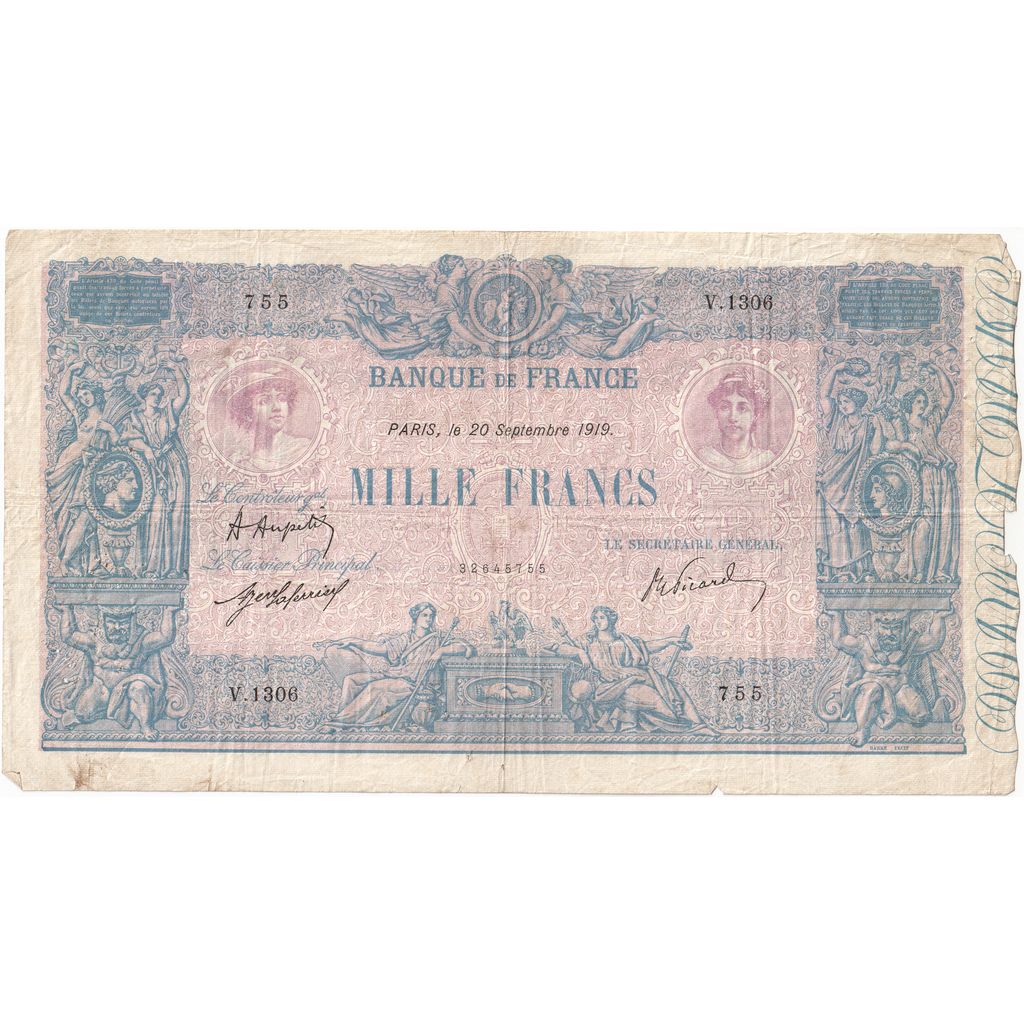 Frankrijk, 1000 Francs, Bleu et Rose, 1919-09-20, V.1306, VF 35