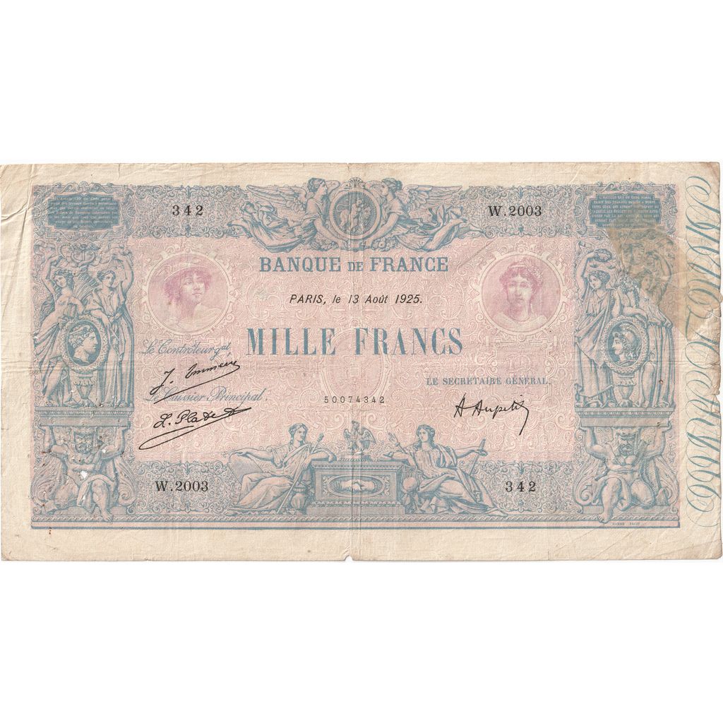 France, 1000 Francs, Bleu et Rose, 1925-08-13, W.2003, VF(30-35)