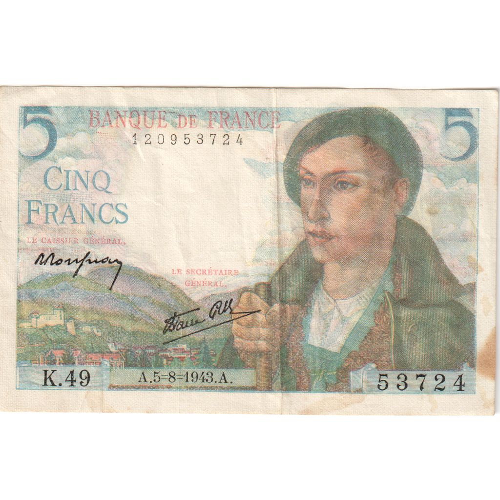 France, 5 Francs, Berger, 1943-08-05, K.49, EF(40-45)