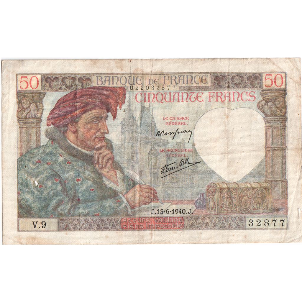 France, 50 Francs, Jacques Coeur, 1940-06-13, V.9, VF(30-35)