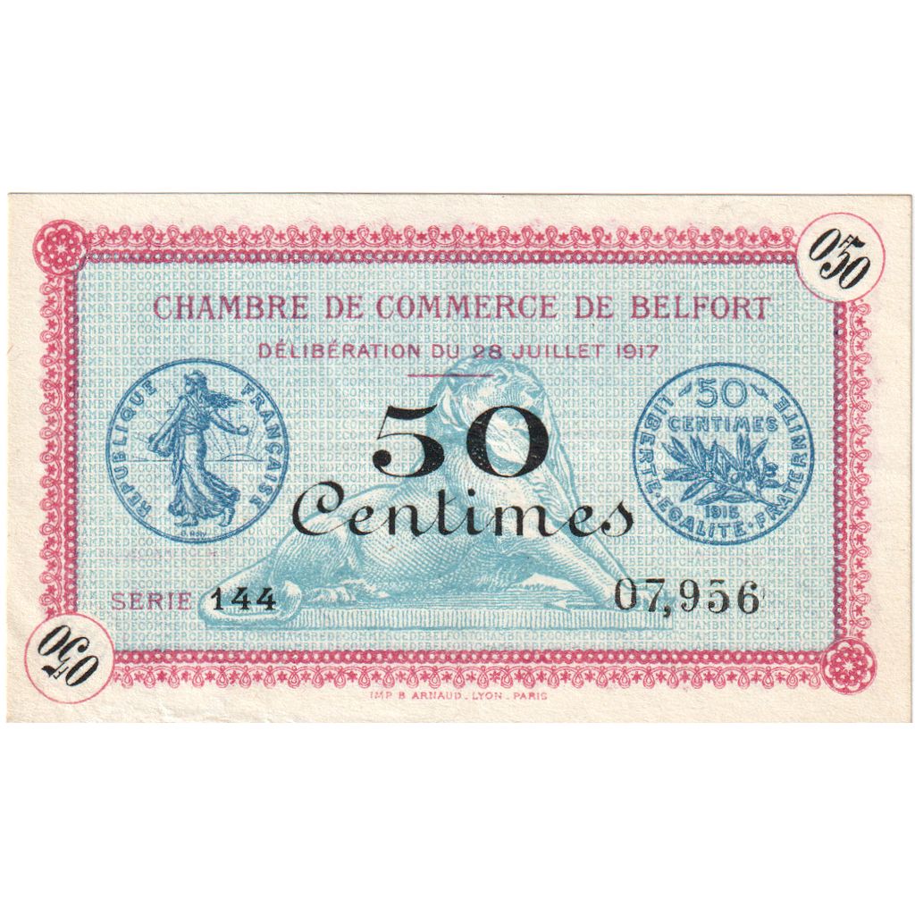 France, Belfort, 50 Centimes, 1917-07-28, SERIE 144 07956, Chambre de Commerce