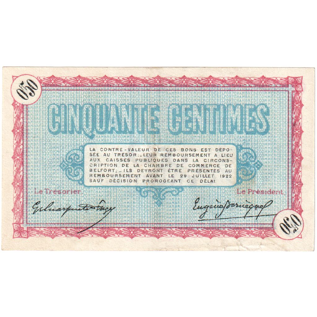 France, Belfort, 50 Centimes, 1917-07-28, SERIE 144 07956, Chambre de Commerce