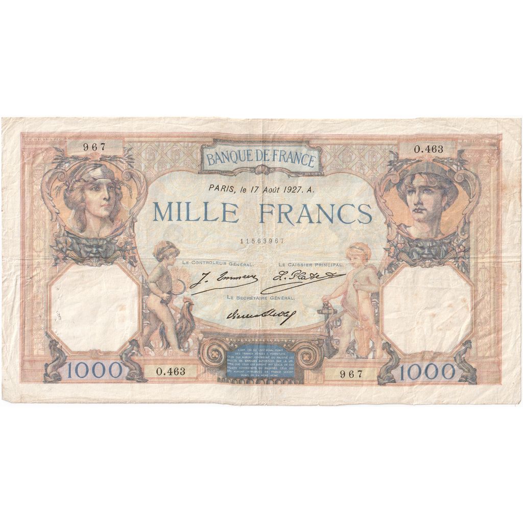 France, 1000 Francs, Minerve et Hercule, 1927-08-05, O.463, EF(40-45)