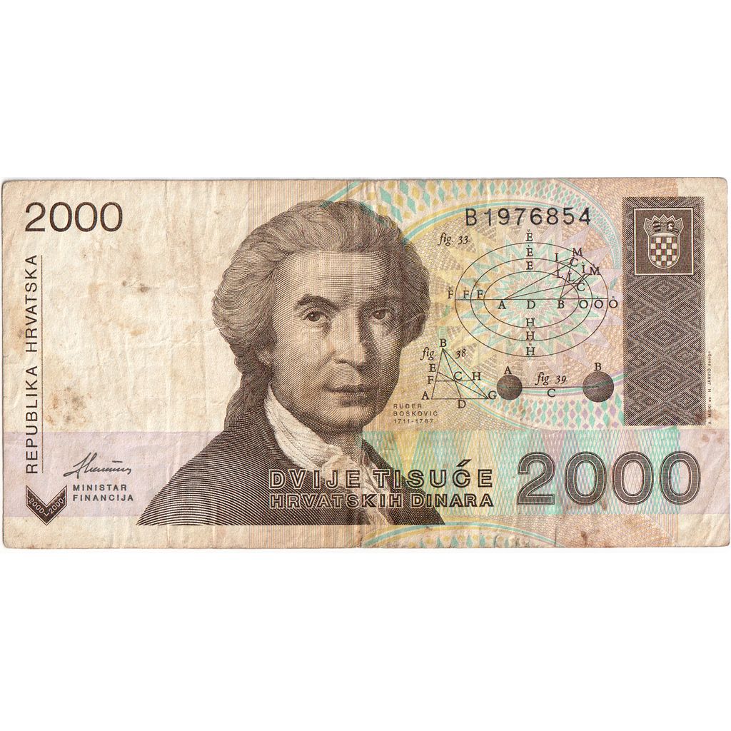 Croatia, 2000 Dinara, 1992-01-15, VF(20-25)