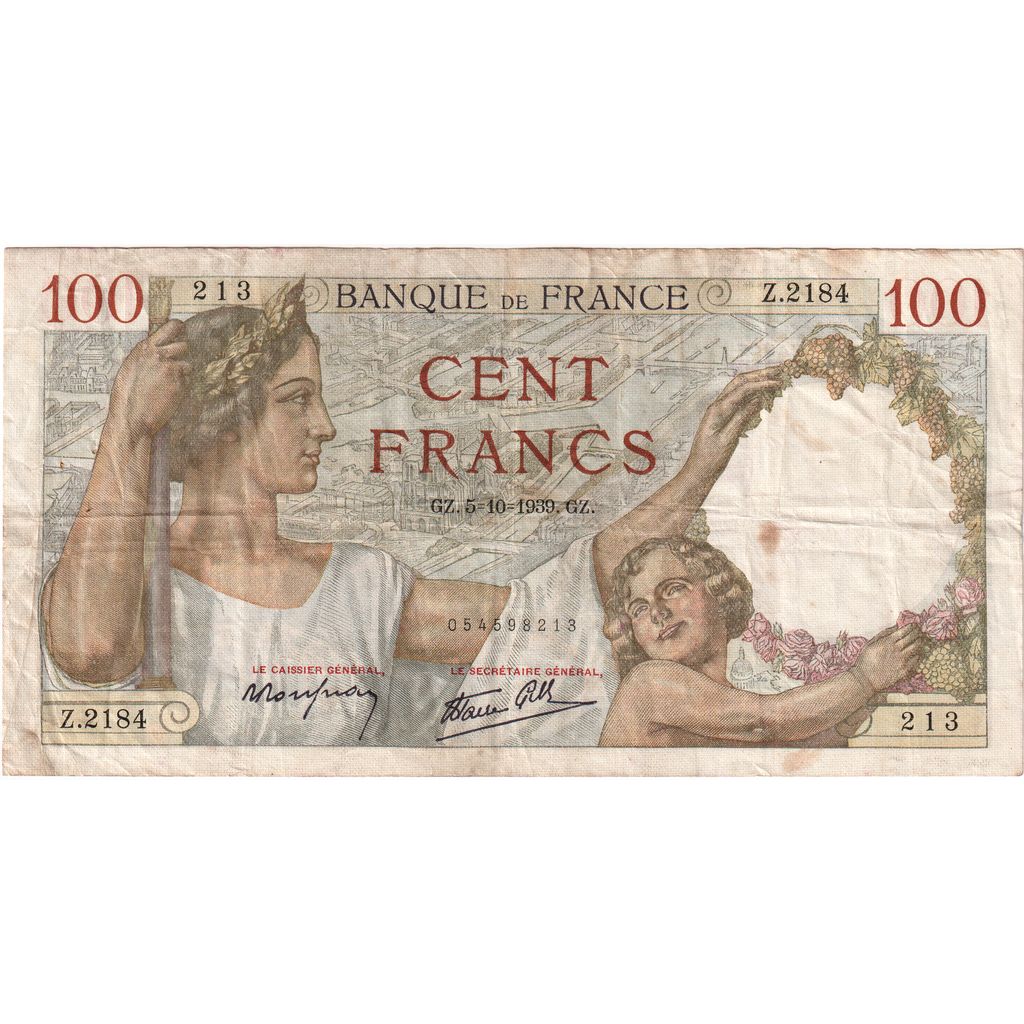 France, 100 Francs, Sully, 1939, 1939-10-05, VG(8-10), Fayette:26.09, KM:94