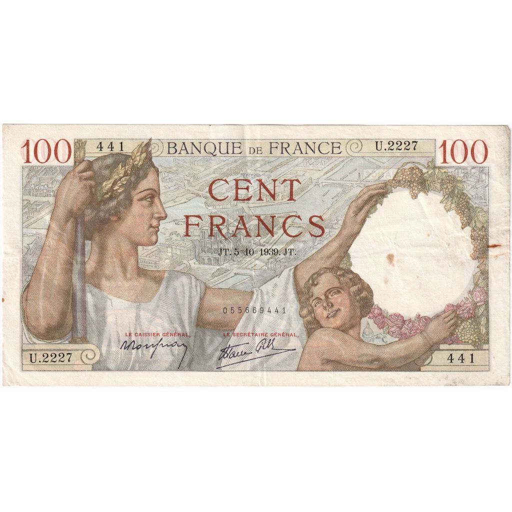 France, 100 Francs, Sully, 1939-10-05, U.2227, VF(30-35)
