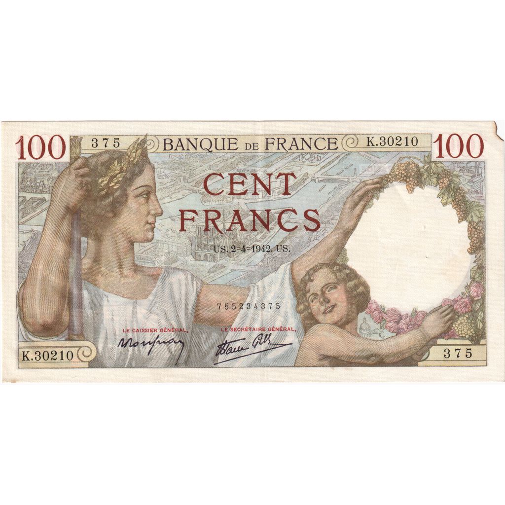 France, 100 Francs, Sully, 1942-04-02, K.30210, EF(40-45)