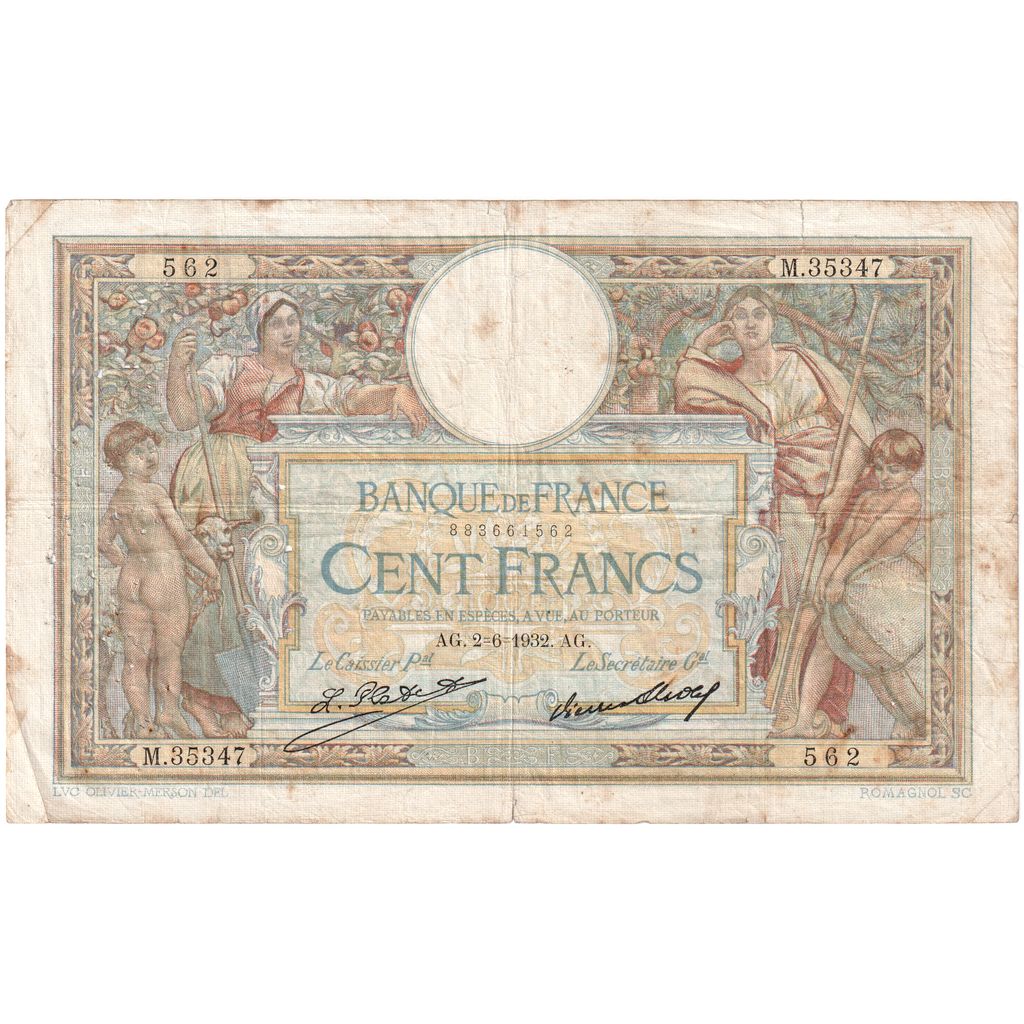 France, 100 Francs, Luc Olivier Merson, 1932-06-02, M.35347, VF(30-35)