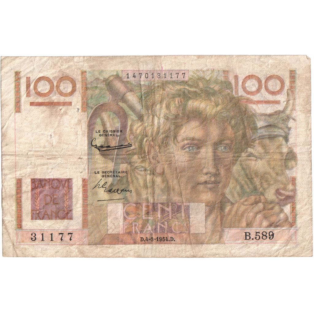 Frankreich, 100 Francs, Jeune Paysan, 1954-03-04, B.589, filigrane inversé, S