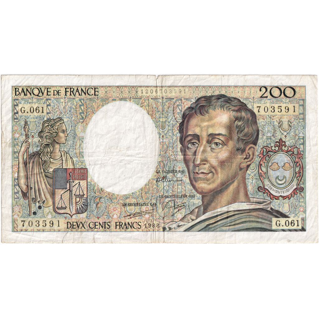 France, 200 Francs, Montesquieu, Undated (1988), G.061, VF(30-35)