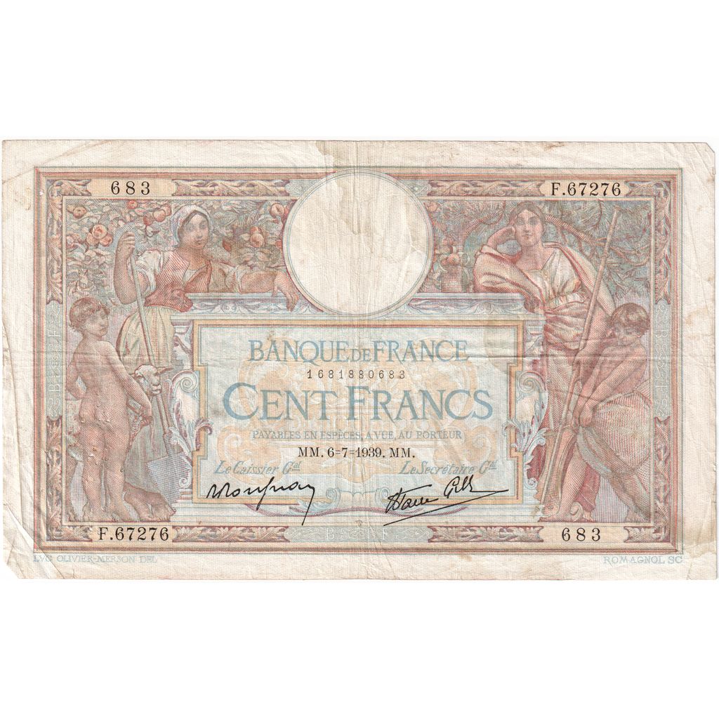 France, 100 Francs, Luc Olivier Merson, 1939-07-06, F.67276, VF(30-35)