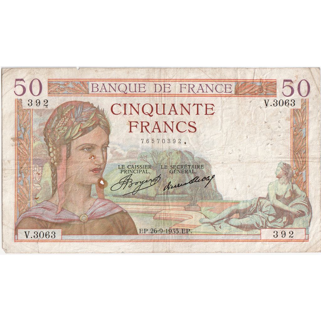 France, 50 Francs, Cérès, 1935-09-26, V.3063, VF(20-25)