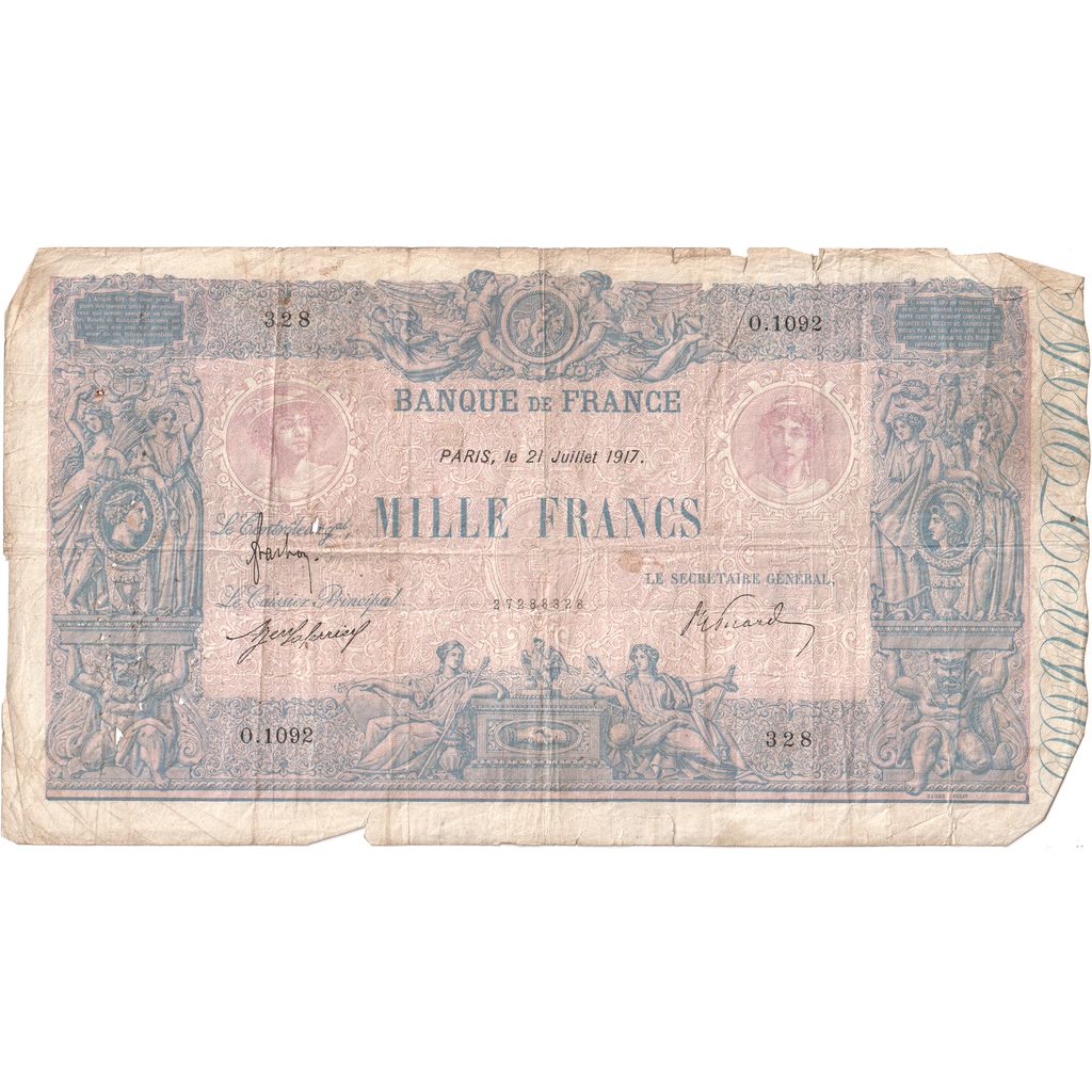 France, 1000 Francs, Bleu et Rose, 1917-07-21, O.1092, VF(20-25)
