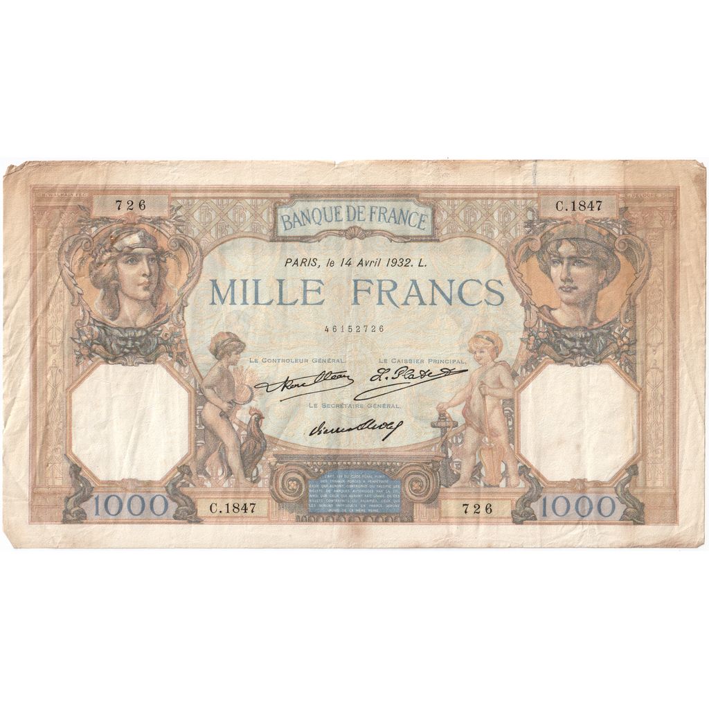 France, 1000 Francs, Cérès et Mercure, 1932-04-14, C.1847, VF(20-25)