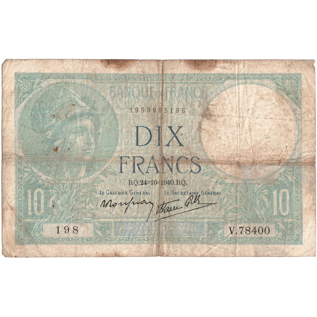 France, 10 Francs, Minerve, 1940-10-24, V.78400, VF(20-25)