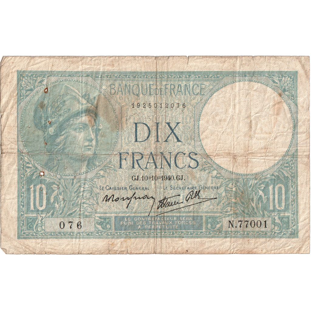 France, 10 Francs, Minerve, 1940-10-10, N.77001, VF(20-25)