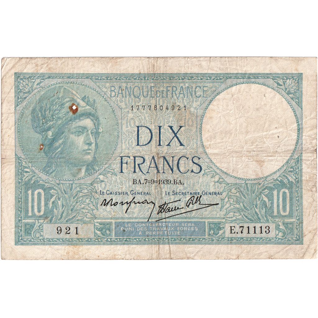 France, 10 Francs, Minerve, 1939-09-07, E.71113, VF(30-35)