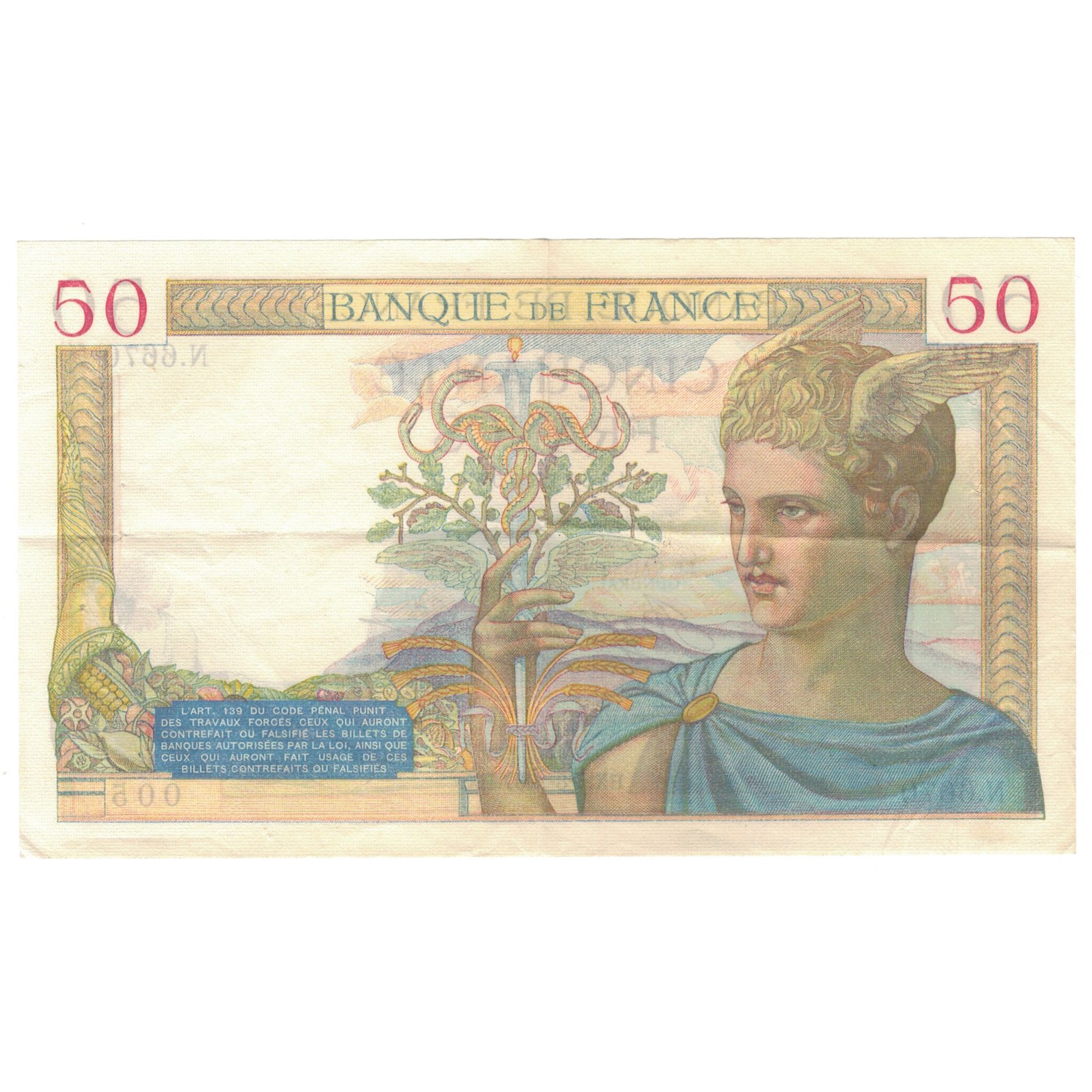 France, 50 Francs, Cérès, 1937, N.6670, AU(55-58), Fayette:18.1, KM:85a