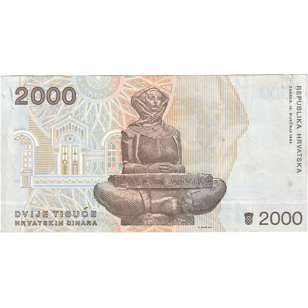 Banknote, Croatia, 2000 Dinara, 1992, 1992-01-15, KM:23s, EF(40-45)
