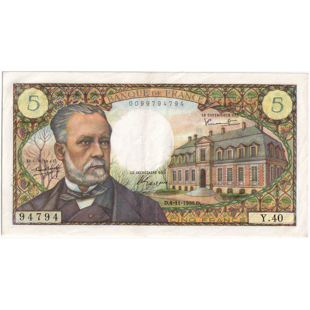 France, 5 Francs, Pasteur, 1966-11-04, Y.40, AU(55-58)