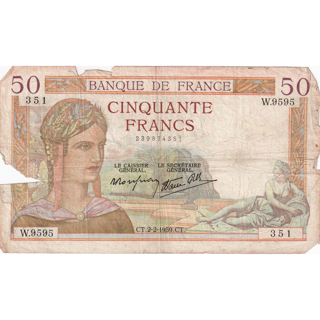 France, 50 Francs, Cérès, 1939-02-02, W.9595, VF(20-25)