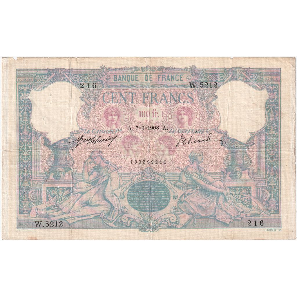 France, 100 Francs, Bleu et Rose, 1908-09-04, W.5212, VF(20-25)