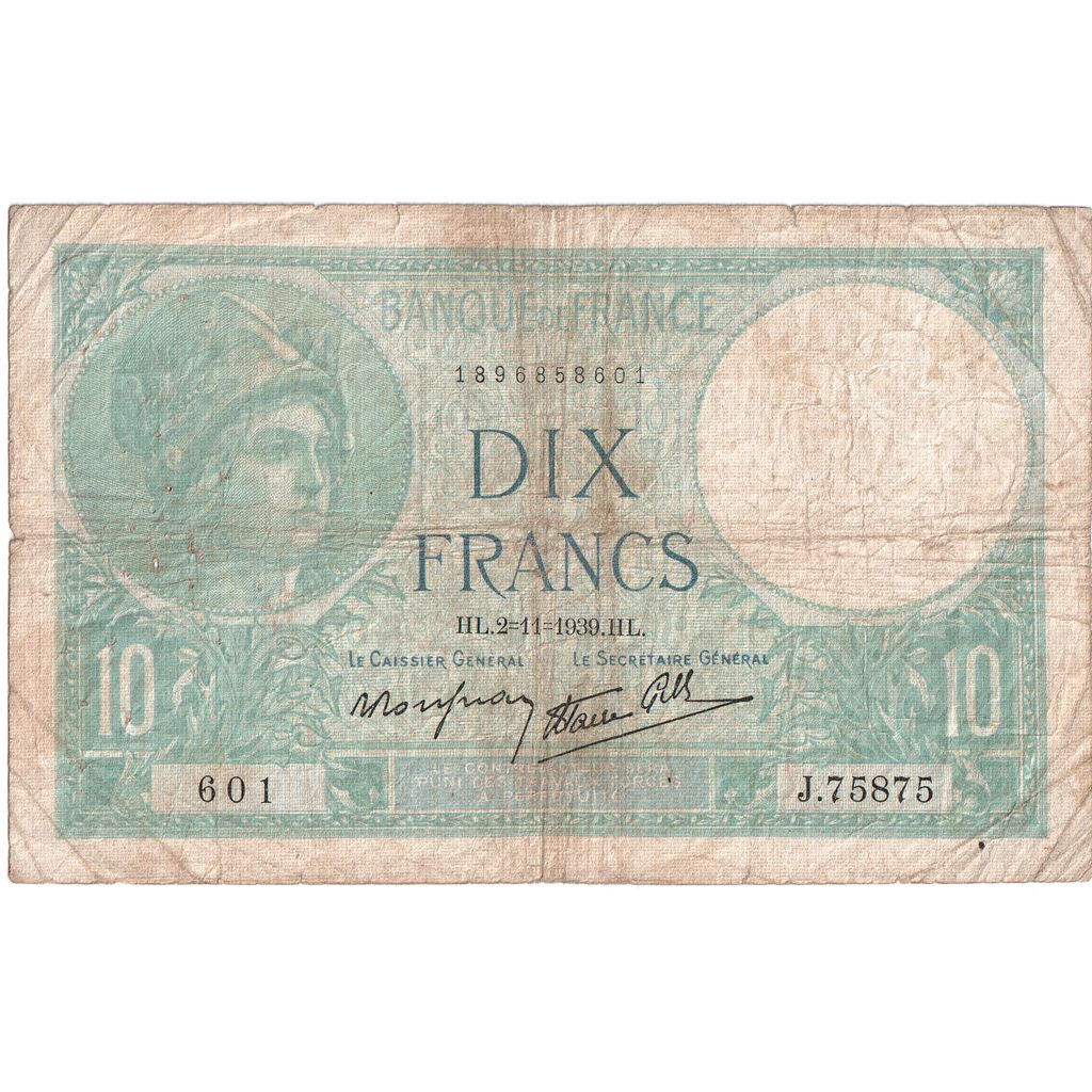 France, 10 Francs, Minerve, 02-11-1939, J.75875, VF(20-25)