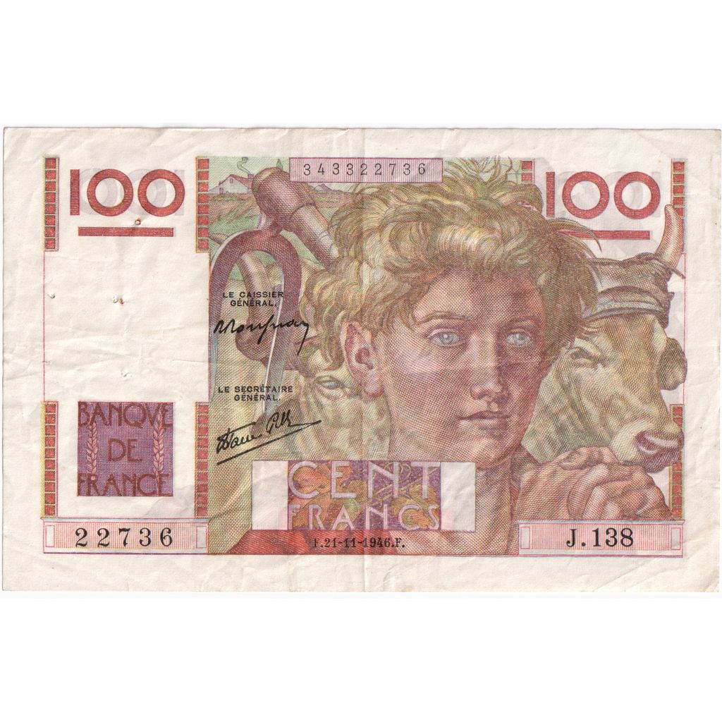 France, 100 Francs, Jeune Paysan, 1946-11-21, J.138, EF(40-45)