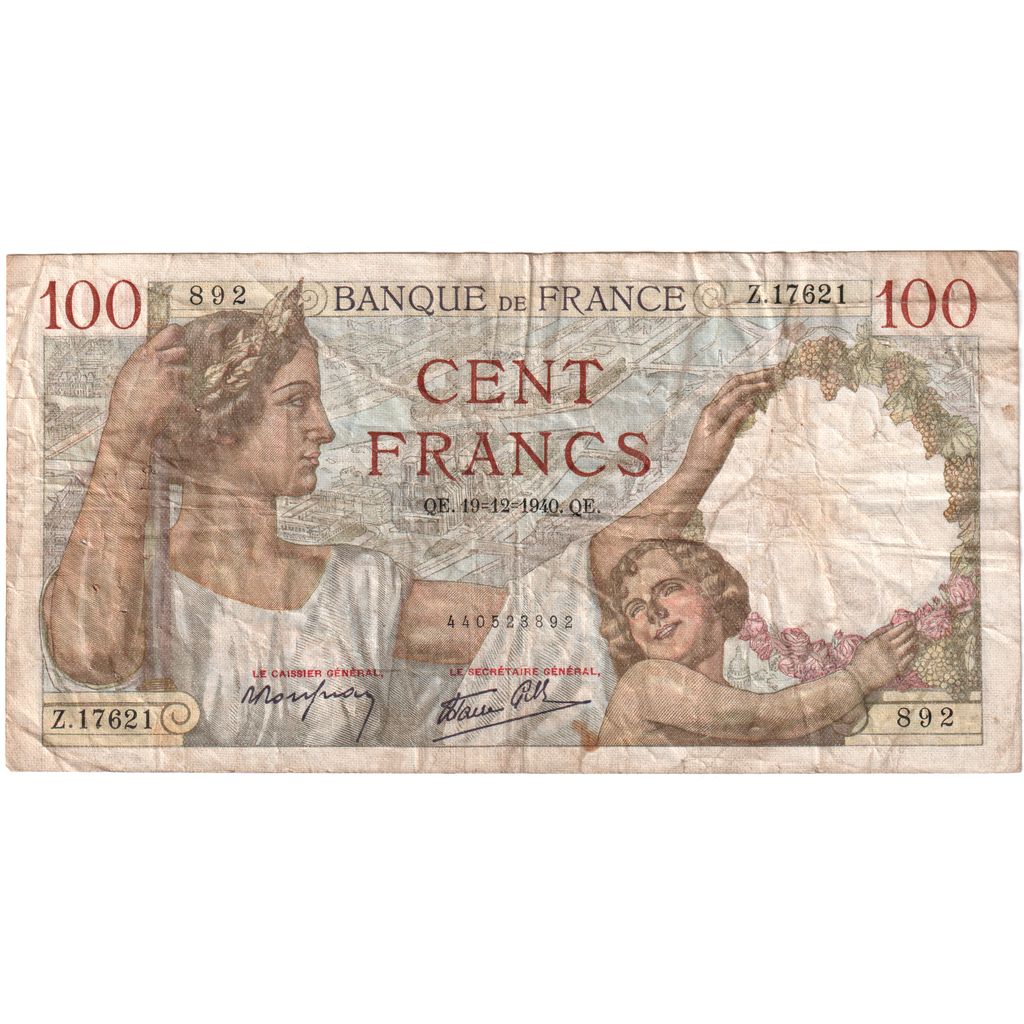 France, 100 Francs, Sully, 1940-12-19, Z.17621, VF(20-25)