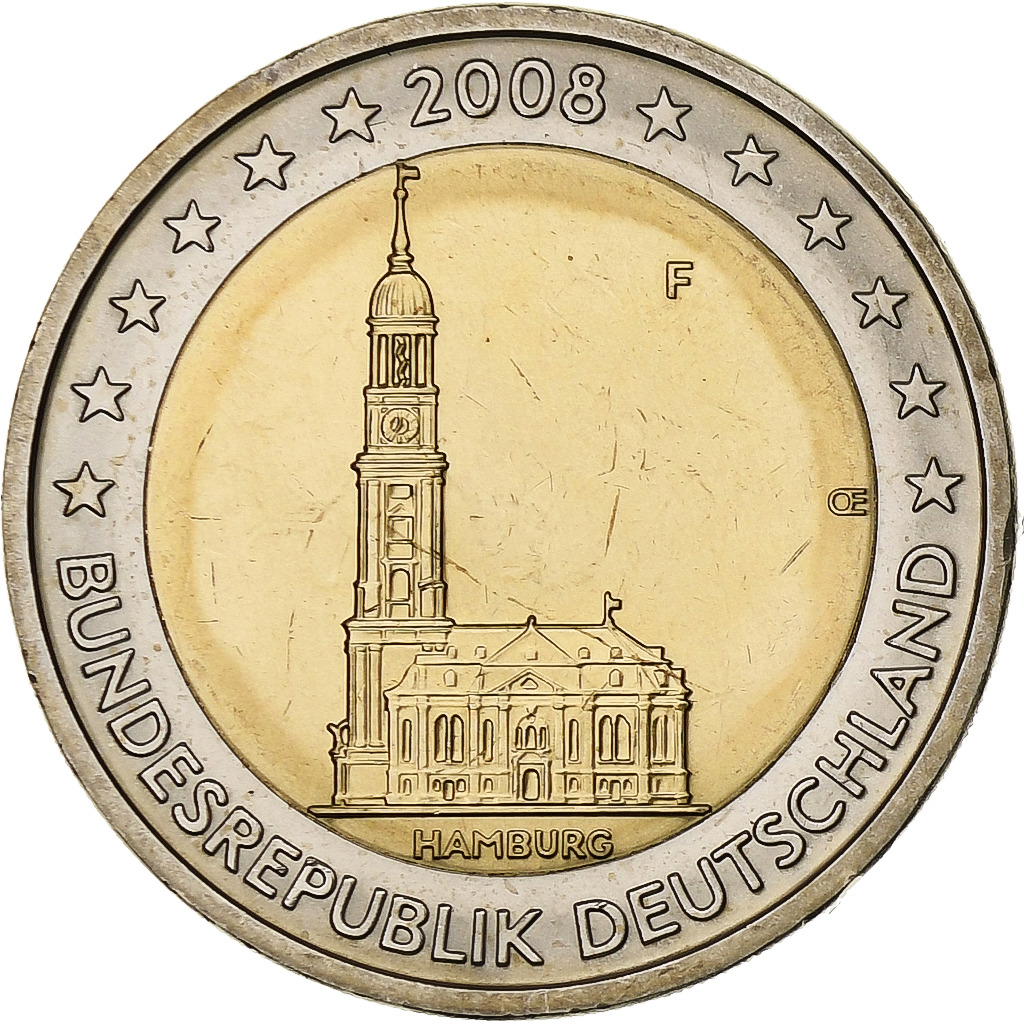 Germany, 2 Euro, Cathédrale de Hambourg, 2008, Stuttgart, Bi-Metallic, MS