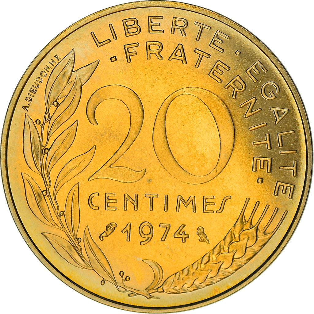 Munten, Frankrijk, Marianne, 20 Centimes, 1974, Paris, FDC, Aluminum-Bronze