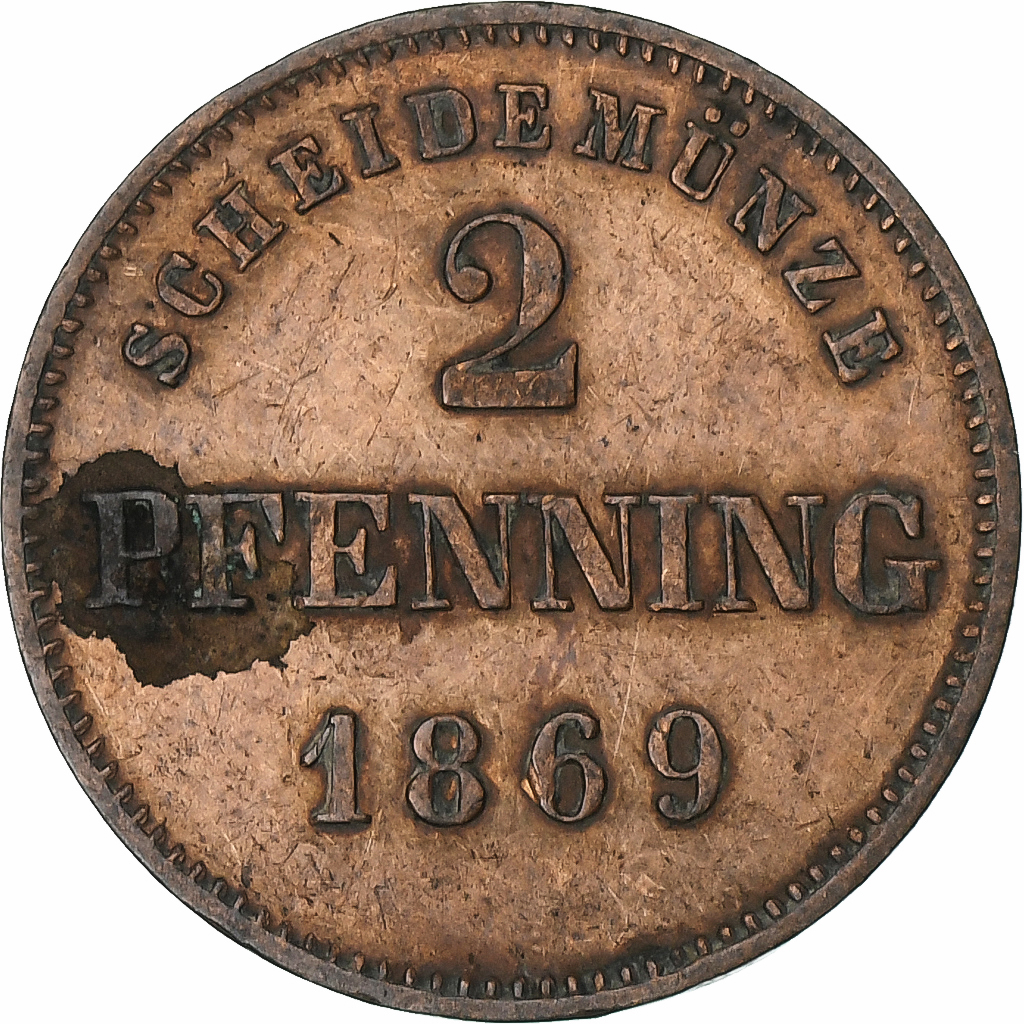 German States, Louis II, 2 Pfenning, 1869, Uncertain mint, Copper, 