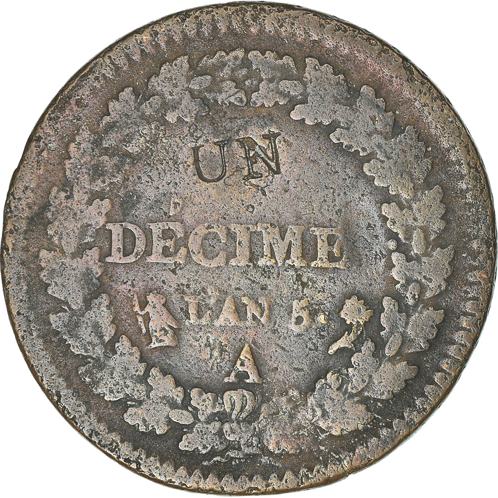 Coin, France, Dupré, Decime, 1796, Paris, Modification du 2 décimes, 