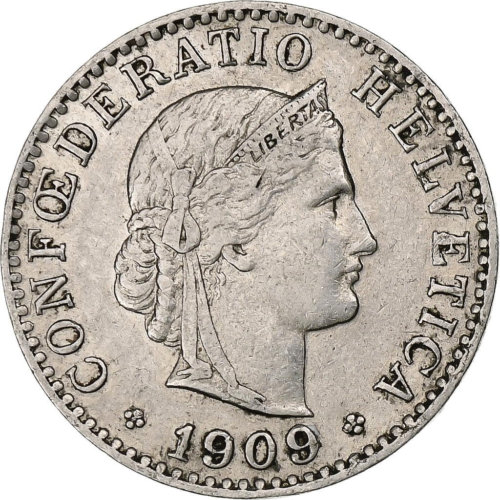 Switzerland, 20 Rappen, Libertas, 1909, Bern, Nickel, , KM:29