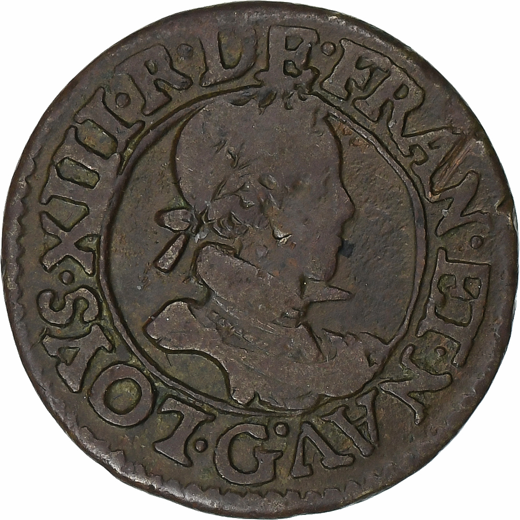 France, Louis XIII, Double Tournois, 1620, Poitiers, Copper, 