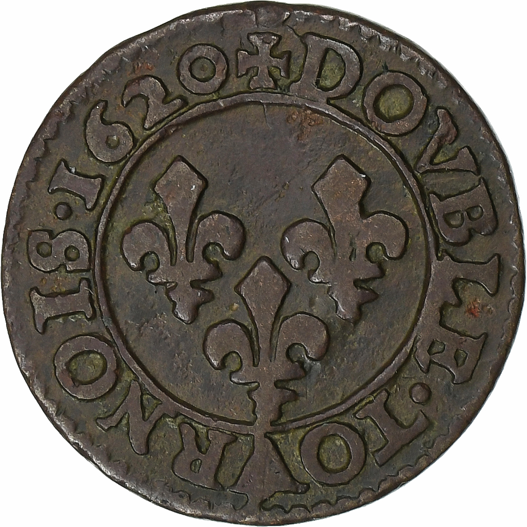 France, Louis XIII, Double Tournois, 1620, Poitiers, Copper, 