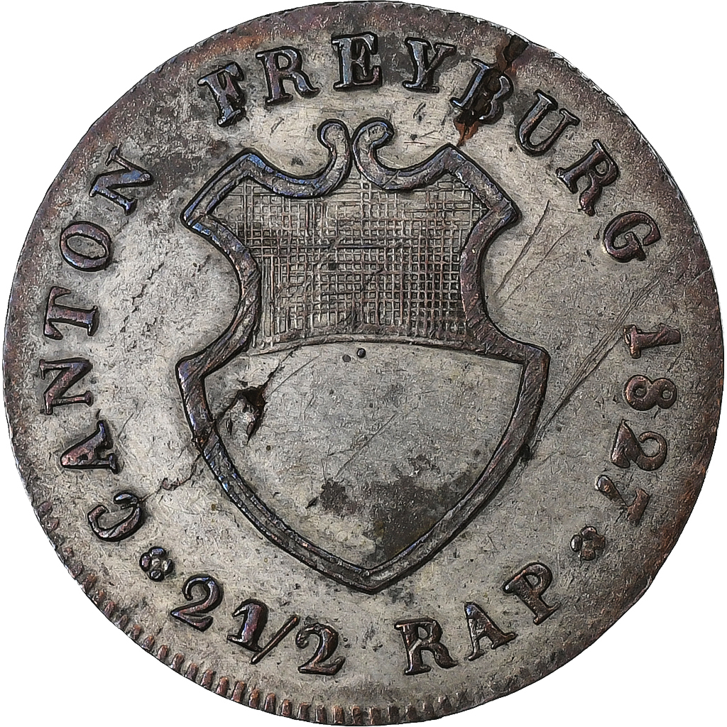 SWISS CANTONS, Fribourg, 2-1/2 Rappen, 1827, Billon, , KM:81