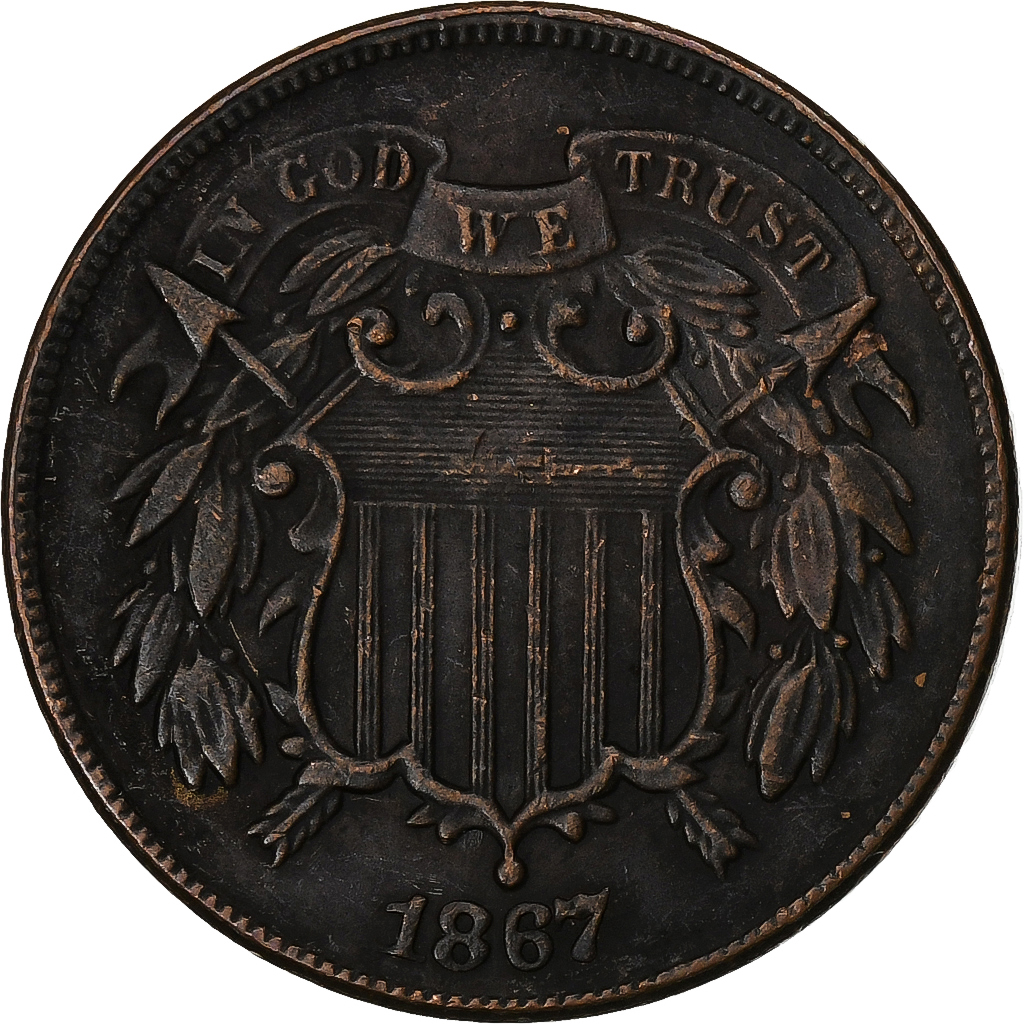 United States, 2 Cents, Union Shield, 1867, Philadelphia, Bronze, 