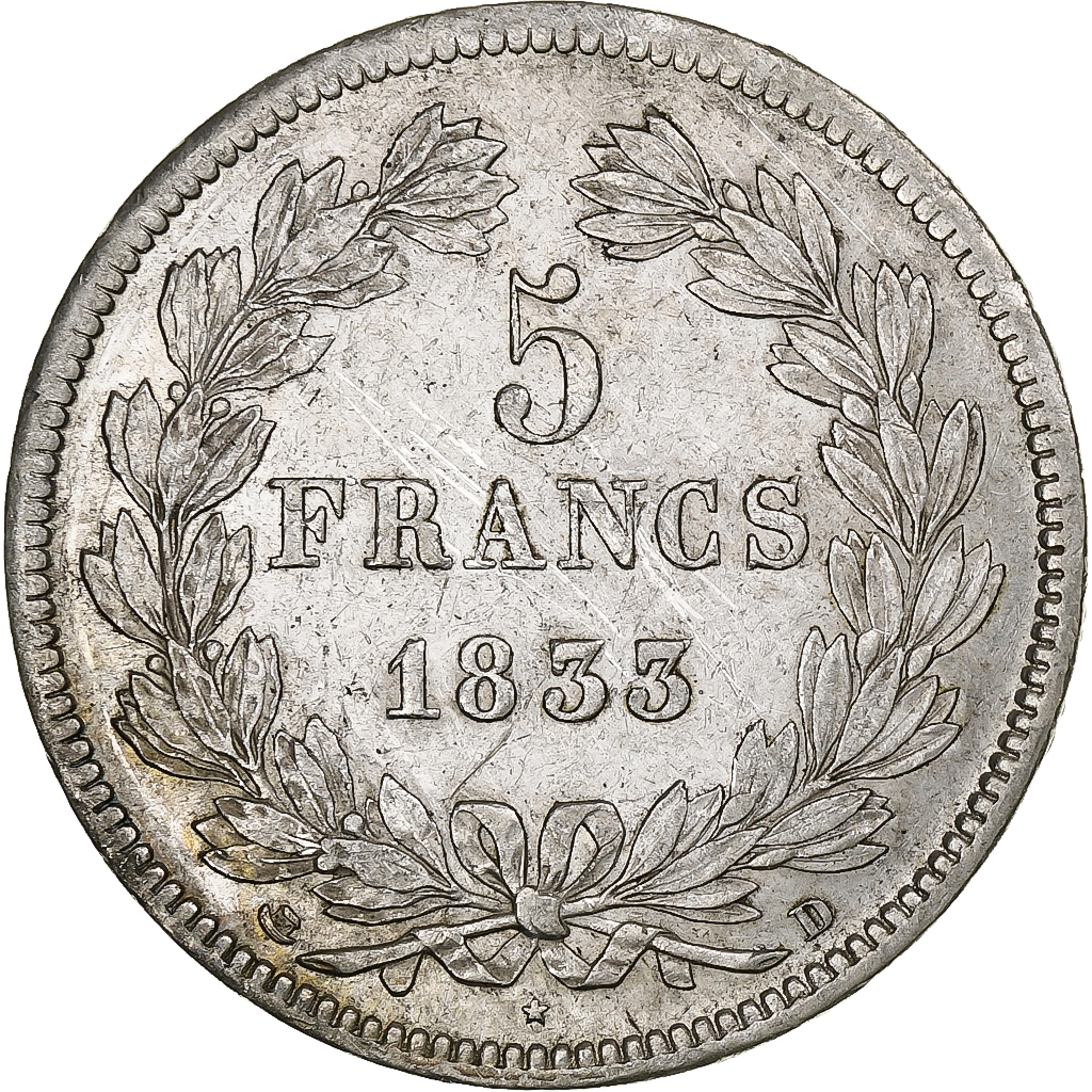 France, Louis-Philippe, 5 Francs, 1833, Lyon, Silver, AU(50-53), Gadoury:678
