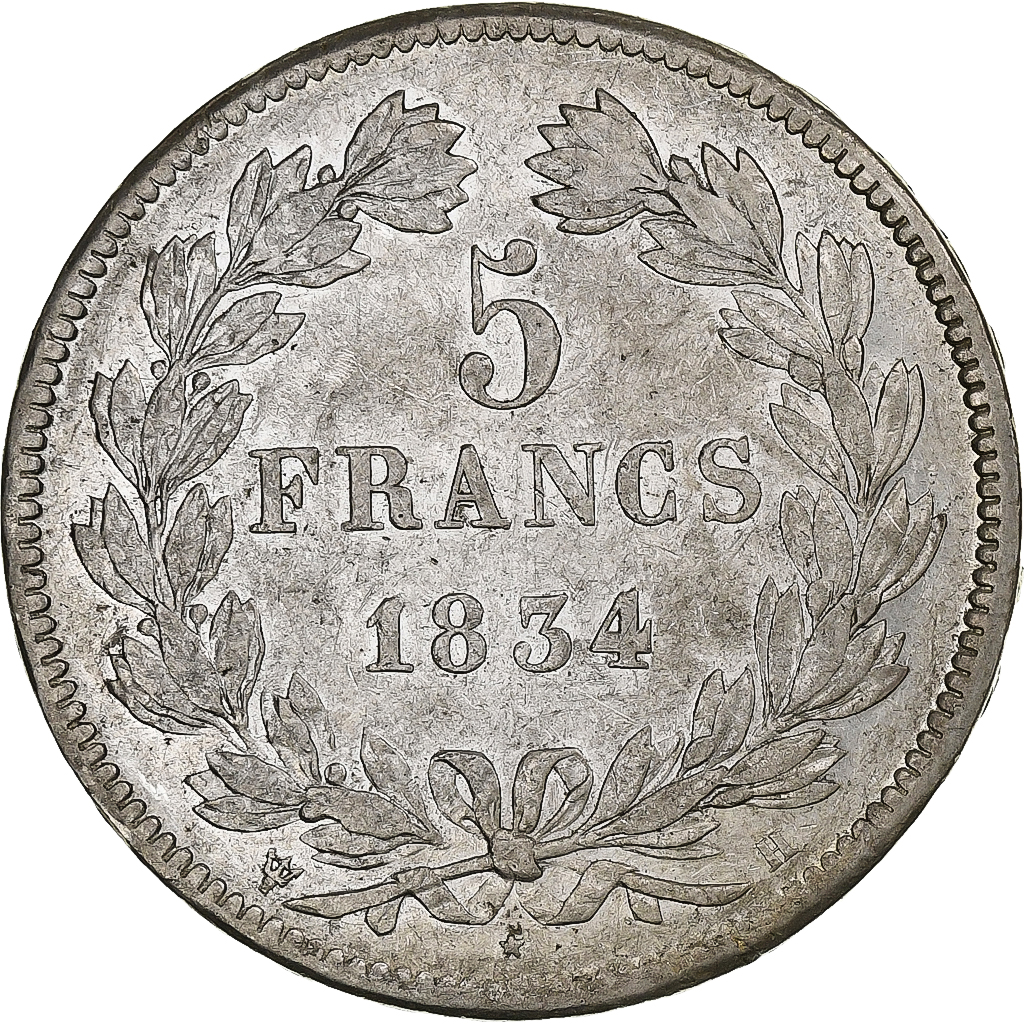 France, Louis-Philippe, 5 Francs, 1834, La Rochelle, Silver, AU