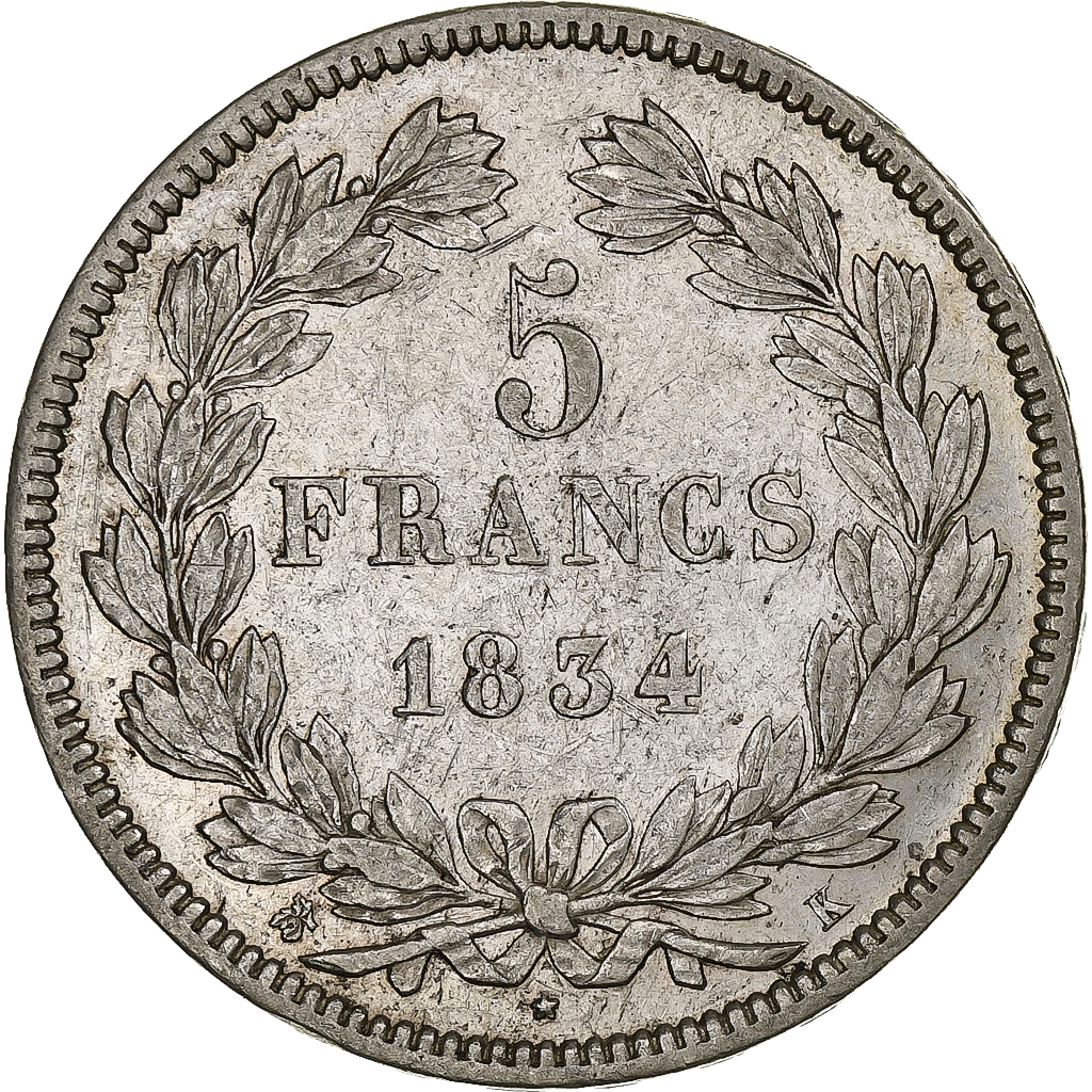France, Louis-Philippe, 5 Francs, 1834, Bordeaux, Silver, AU, Gadoury:678