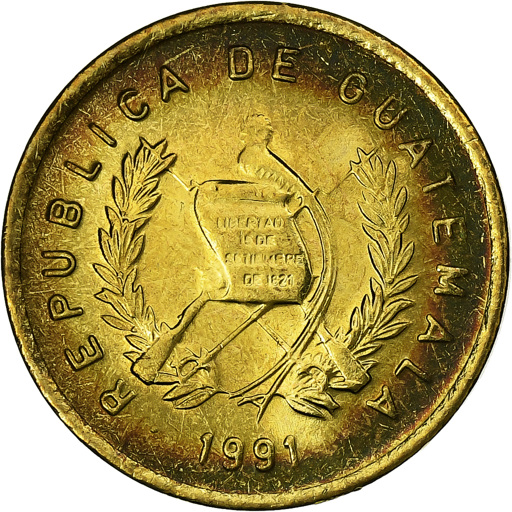 Guatemala, 1 Centavo, 1991, Guatemala City, Brass, MS, KM:275
